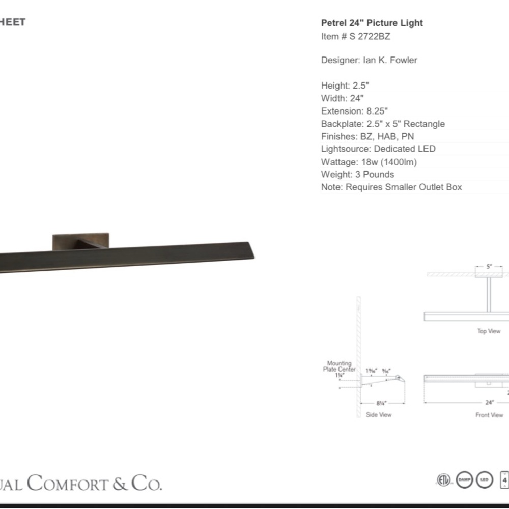 Visual Comfort Petrel 24” Wall Picture Light
•Hardwired 
•Instructions Include